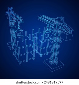 Construction crane tower. Building under construction industrial concept. Wireframe low poly mesh vector illustration.