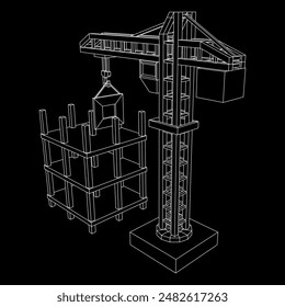 Torre de grúa de construcción. Edificio en construcción concepto industrial. Ilustración vectorial de malla de polietileno baja del alambre.