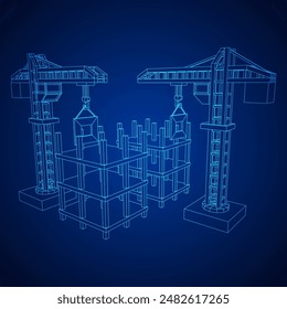 Construction crane tower. Building under construction industrial concept. Wireframe low poly mesh vector illustration.