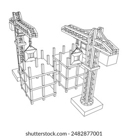 Construction crane tower. Building under construction industrial concept. Wireframe low poly mesh vector illustration.