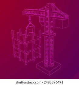 Baukranturm. Im Bau befindliches industrielles Konzept. Vektorillustration mit niedrigem Drahtgitter-Polynetz.