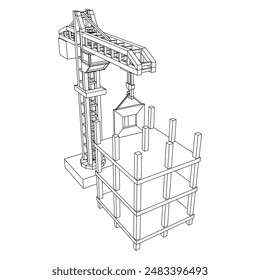 Construction crane tower. Building under construction industrial concept. Wireframe low poly mesh vector illustration.