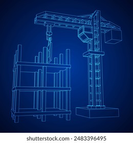 Construction crane tower. Building under construction industrial concept. Wireframe low poly mesh vector illustration.