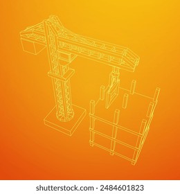 Construction crane tower. Building under construction industrial concept. Wireframe low poly mesh vector illustration.