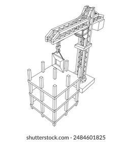 Construction crane tower. Building under construction industrial concept. Wireframe low poly mesh vector illustration.