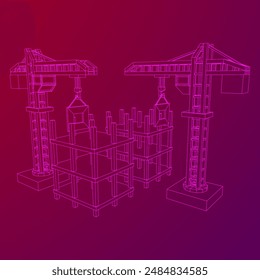 Construction crane tower. Building under construction industrial concept. Wireframe low poly mesh vector illustration.