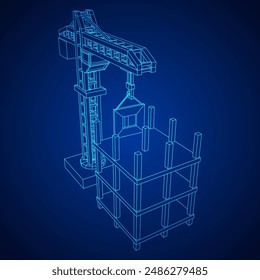 Construction crane tower. Building under construction industrial concept. Wireframe low poly mesh vector illustration.