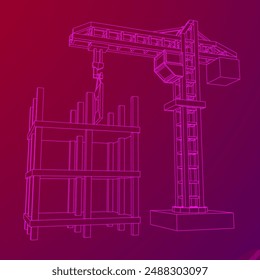 Construction crane tower. Building under construction industrial concept. Wireframe low poly mesh vector illustration.