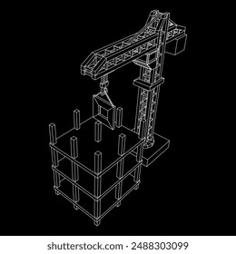 Construction crane tower. Building under construction industrial concept. Wireframe low poly mesh vector illustration.