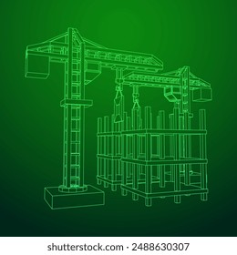Construction crane tower. Building under construction industrial concept. Wireframe low poly mesh vector illustration.