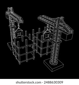 Construction crane tower. Building under construction industrial concept. Wireframe low poly mesh vector illustration.