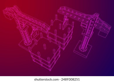 Construction crane tower. Building under construction industrial concept. Wireframe low poly mesh vector illustration.
