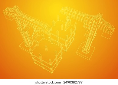 Construction crane tower. Building under construction industrial concept. Wireframe low poly mesh vector illustration.