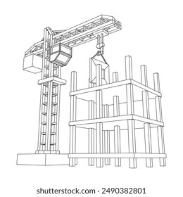Construction crane tower. Building under construction industrial concept. Wireframe low poly mesh vector illustration.