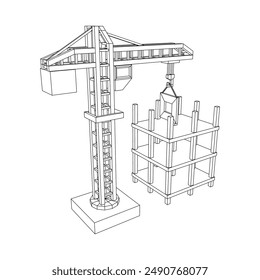 Construction crane tower. Building under construction industrial concept. Wireframe low poly mesh vector illustration.