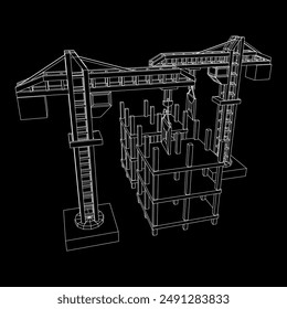 Construction crane tower. Building under construction industrial concept. Wireframe low poly mesh vector illustration.