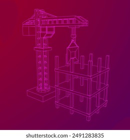 Construction crane tower. Building under construction industrial concept. Wireframe low poly mesh vector illustration.
