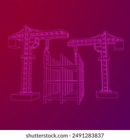 Baukranturm. Im Bau befindliches industrielles Konzept. Vektorillustration mit niedrigem Drahtgitter-Polynetz.