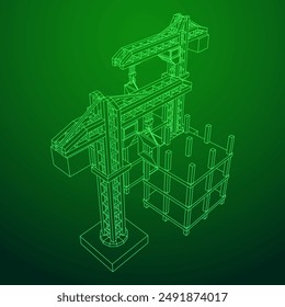Construction crane tower. Building under construction industrial concept. Wireframe low poly mesh vector illustration.