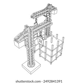 Construction crane tower. Building under construction industrial concept. Wireframe low poly mesh vector illustration.