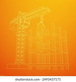 Construction crane tower. Building under construction industrial concept. Wireframe low poly mesh vector illustration.
