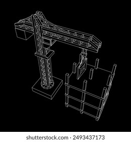 Construction crane tower. Building under construction industrial concept. Wireframe low poly mesh vector illustration.