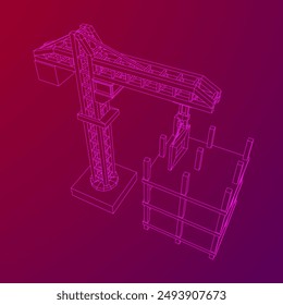 Construction crane tower. Building under construction industrial concept. Wireframe low poly mesh vector illustration.