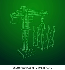 Construction crane tower. Building under construction industrial concept. Wireframe low poly mesh vector illustration.