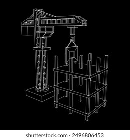 Construction crane tower. Building under construction industrial concept. Wireframe low poly mesh vector illustration.