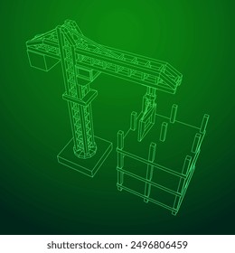 Construction crane tower. Building under construction industrial concept. Wireframe low poly mesh vector illustration.