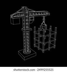 Construction crane tower. Building under construction industrial concept. Wireframe low poly mesh vector illustration.