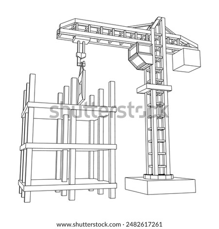 Construction crane tower. Building under construction industrial concept. Wireframe low poly mesh vector illustration.