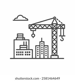 Construction crane towering over a city skyline with modern buildings under development in a bright sky