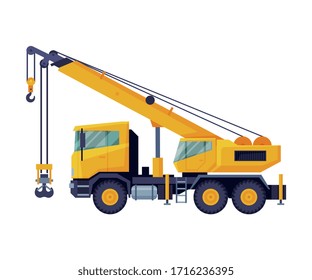 Construction Crane Truck, Heavy Cargo Transportation Service Vehicle Flat Vector Illustration