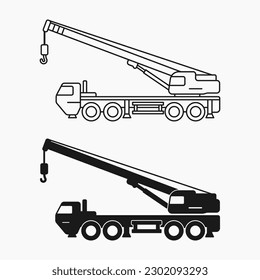 construction crane truck side view line shape icon vector flat illustration