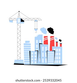 Construction Crane With Urban Buildings In Flat Vector Illustration Symbolizing Urban Development And Industrial Growth, Isolated On White Background