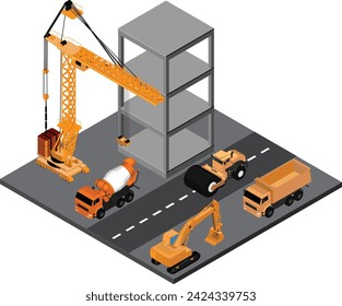 Construction crane utilization, the erection of tall structures, and the loading and unloading of building supplies. ,High-rise building construction engineering ,3d rendering