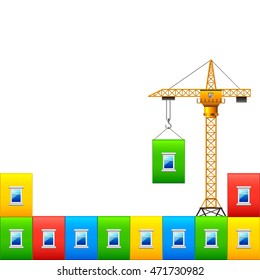Construction crane with wall of colorful house vector background
