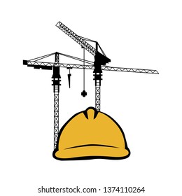 construction crane and yellow hard hat. vector 