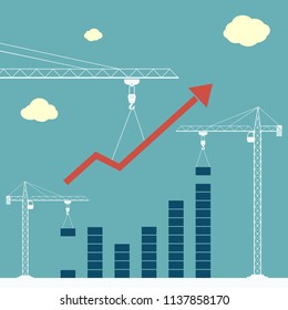 Construction cranes are building a growing financial graph. Success and profit in business. Stock vector illustration.