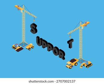 Construcción Grúas Construyendo la ASISTENCIA de Palabras con Letras 3D Ilustración vectorial isométrica 3D