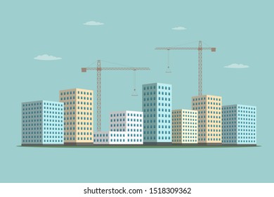 Construction cranes and buildings. Cartoon style. Vector.