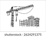 Construction cranes and buildings sketch illustration in hand drawn style. Tower cranes lifting materials near unfinished structures. Pencil line art, black and white vector for construction themes