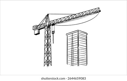 Construction cranes and buildings sketch illustration in hand drawn style. Tower cranes lifting materials near unfinished structures. Pencil line art, black and white vector for construction themes