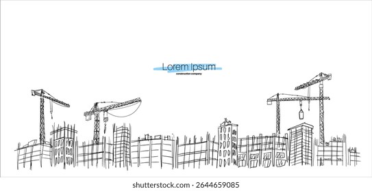 Construction cranes and buildings sketch illustration in hand drawn style. Tower cranes lifting materials near unfinished structures. Pencil line art, black and white vector for construction themes