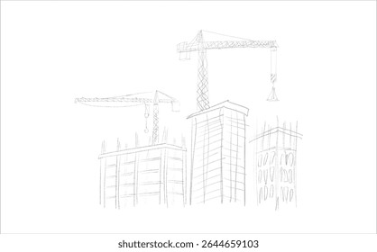 Construction cranes and buildings sketch illustration in hand drawn style. Tower cranes lifting materials near unfinished structures. Pencil line art, black and white vector for construction themes
