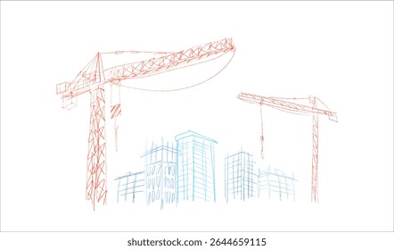 Construction cranes and buildings sketch illustration in hand drawn style. Tower cranes lifting materials near unfinished structures. Pencil line art, black and white vector for construction themes