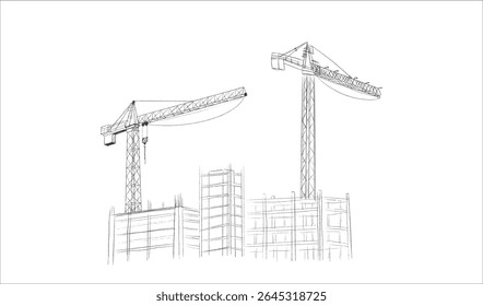 Construction cranes and buildings sketch illustration in hand drawn style. Tower cranes lifting materials near unfinished structures. Pencil line art, black and white vector for construction themes