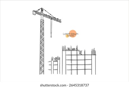 Construction cranes and buildings sketch illustration in hand drawn style. Tower cranes lifting materials near unfinished structures. Pencil line art, black and white vector for construction themes