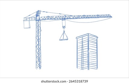 Construction cranes and buildings sketch illustration in hand drawn style. Tower cranes lifting materials near unfinished structures. Pencil line art, black and white vector for construction themes
